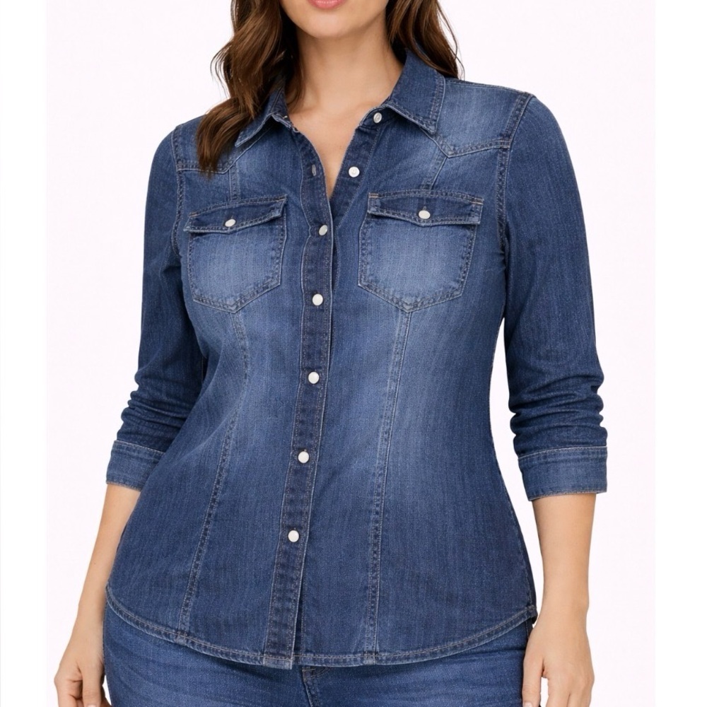 Linda L. denim pearl snap button up chambray western top blouse SZ SM